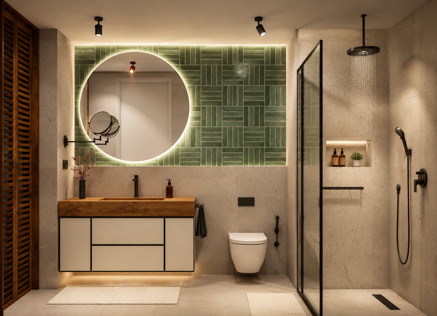 Bathroom interior render - natural stone, oak vanity, freestanding bath