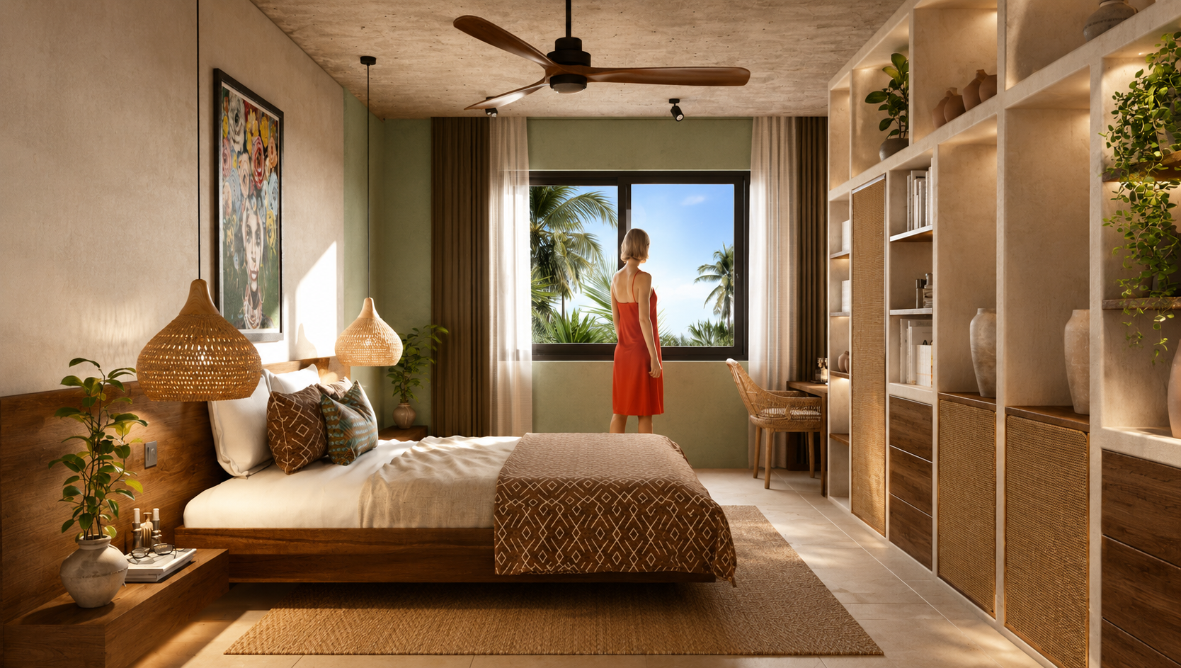 Master bedroom interior render - neutral palette, linen textures, ocean view through floor-to-ceiling glass