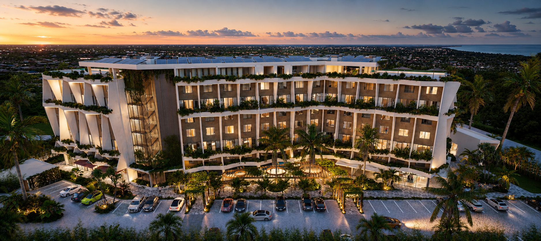 Architectural render of ANGA Zanzibar exterior façade with white-rendered concrete and timber screens at sunset