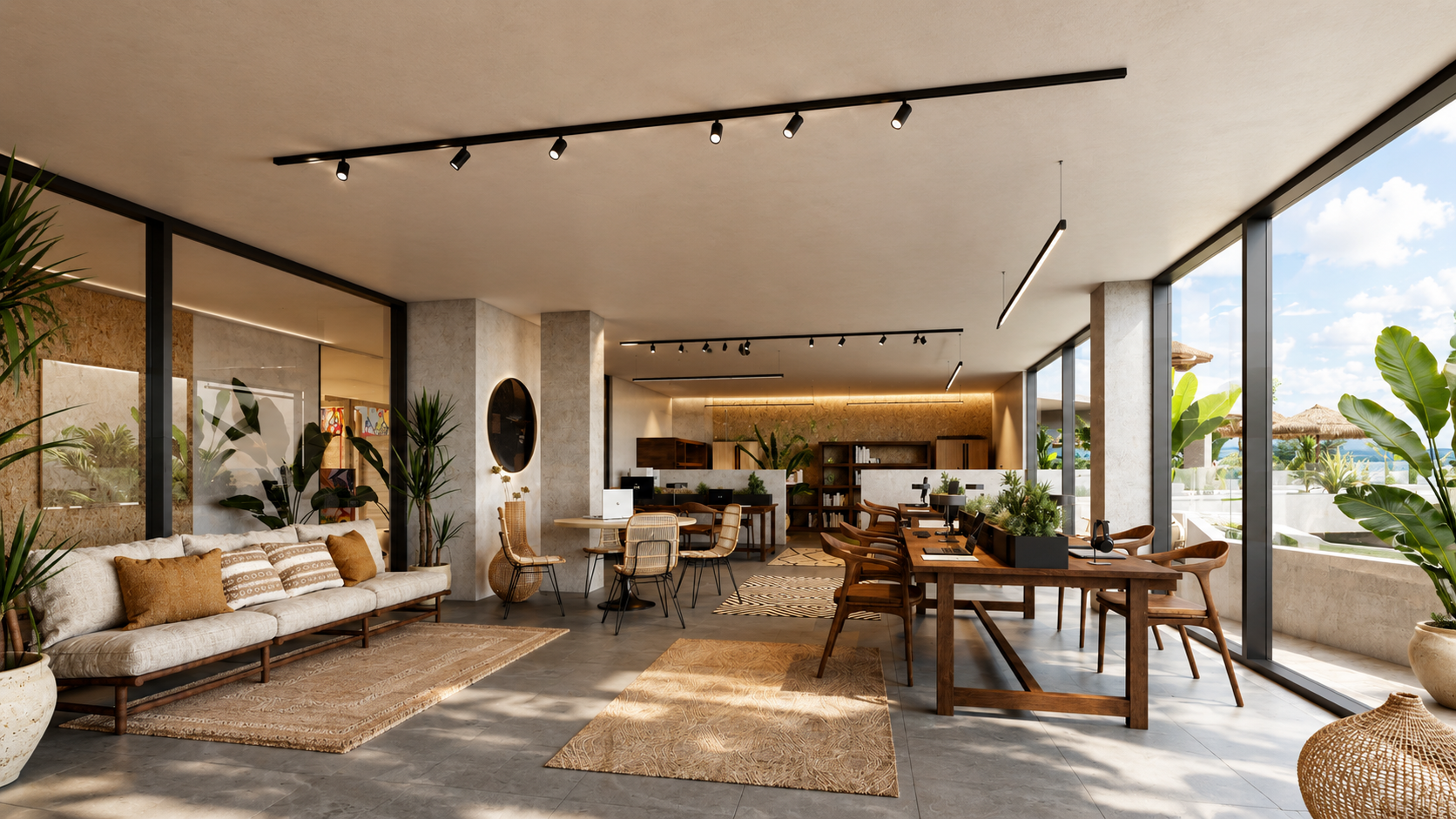 Interior render of a duplex apartment with floor-to-ceiling glass facing the ocean