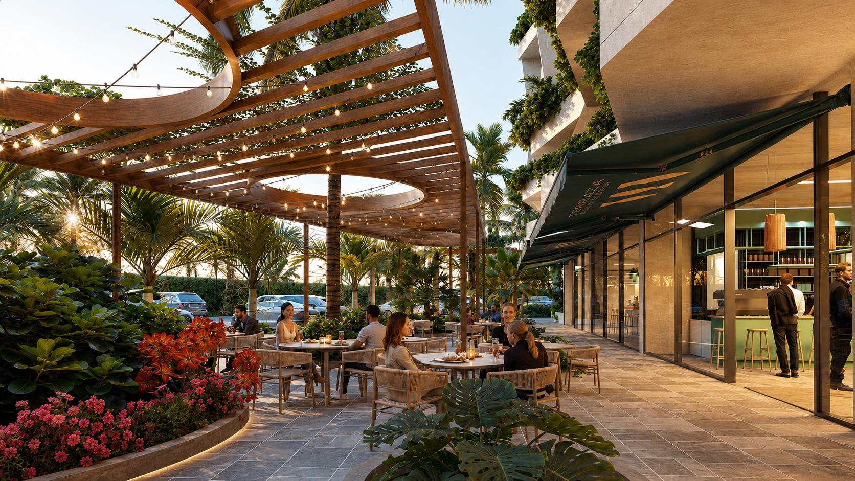 Outdoor terrace and landscaped courtyard between the two ANGA building stacks