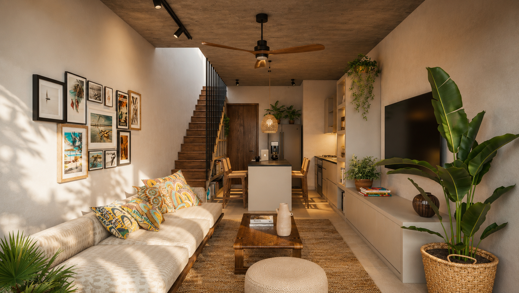 Detail of duplex apartment showing built-in joinery and timber screen