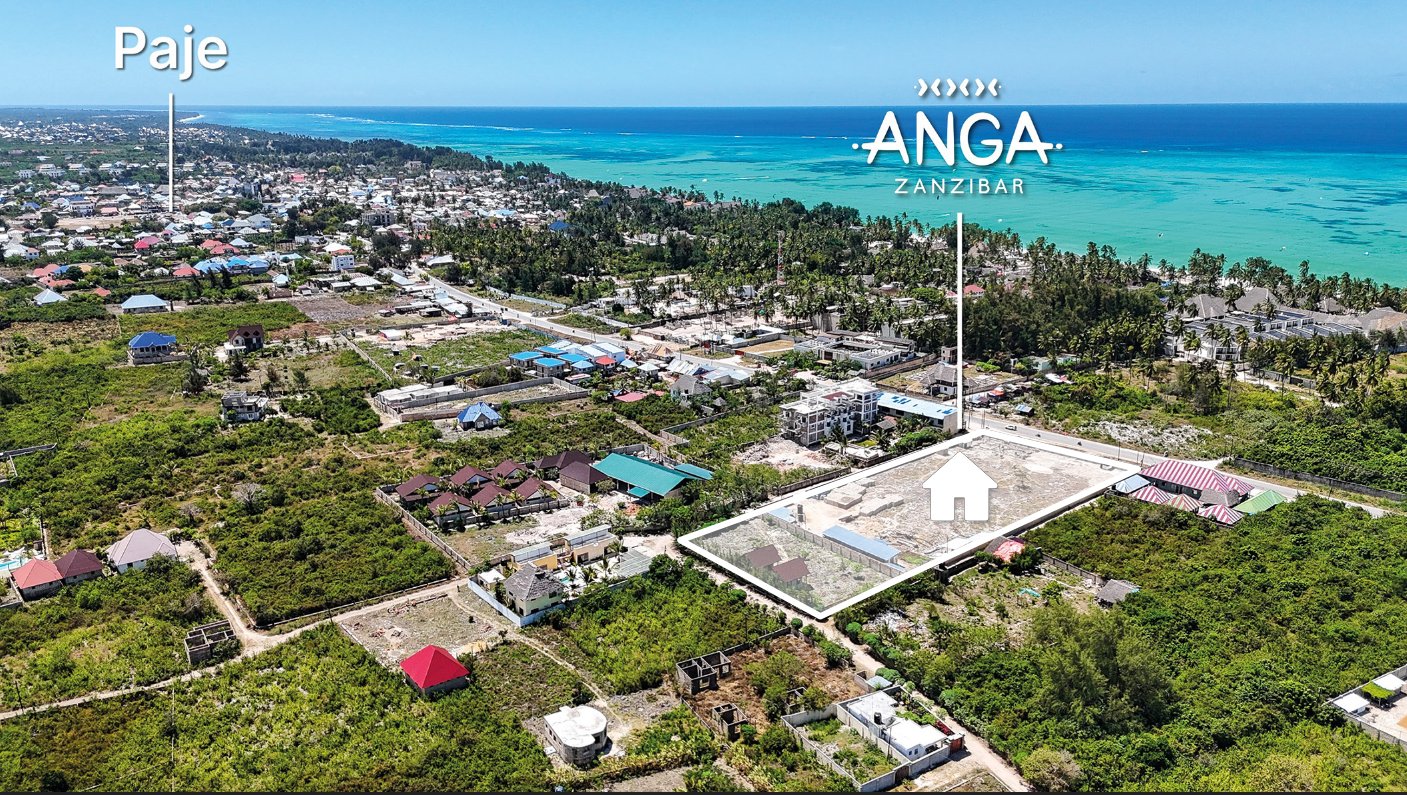 Site plan diagram showing ANGA Zanzibar two-stack footprint within the plot at Paje