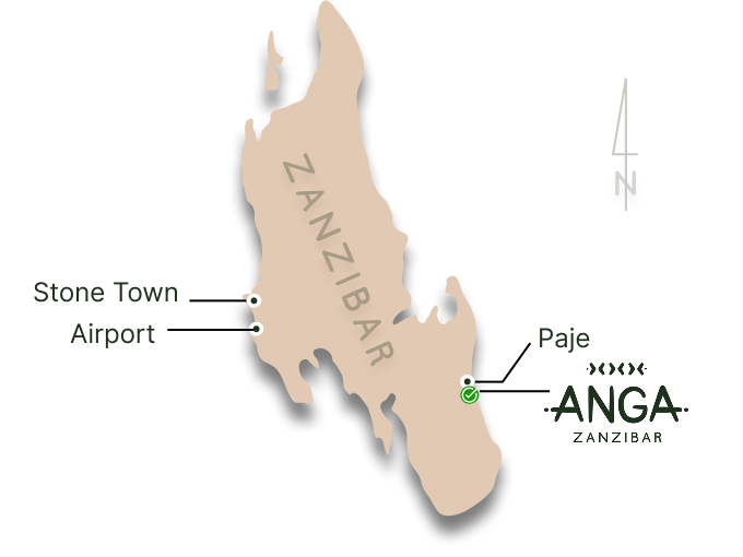 Map of Zanzibar showing Paje on the south-east coast, with travel times to Stone Town and the airport